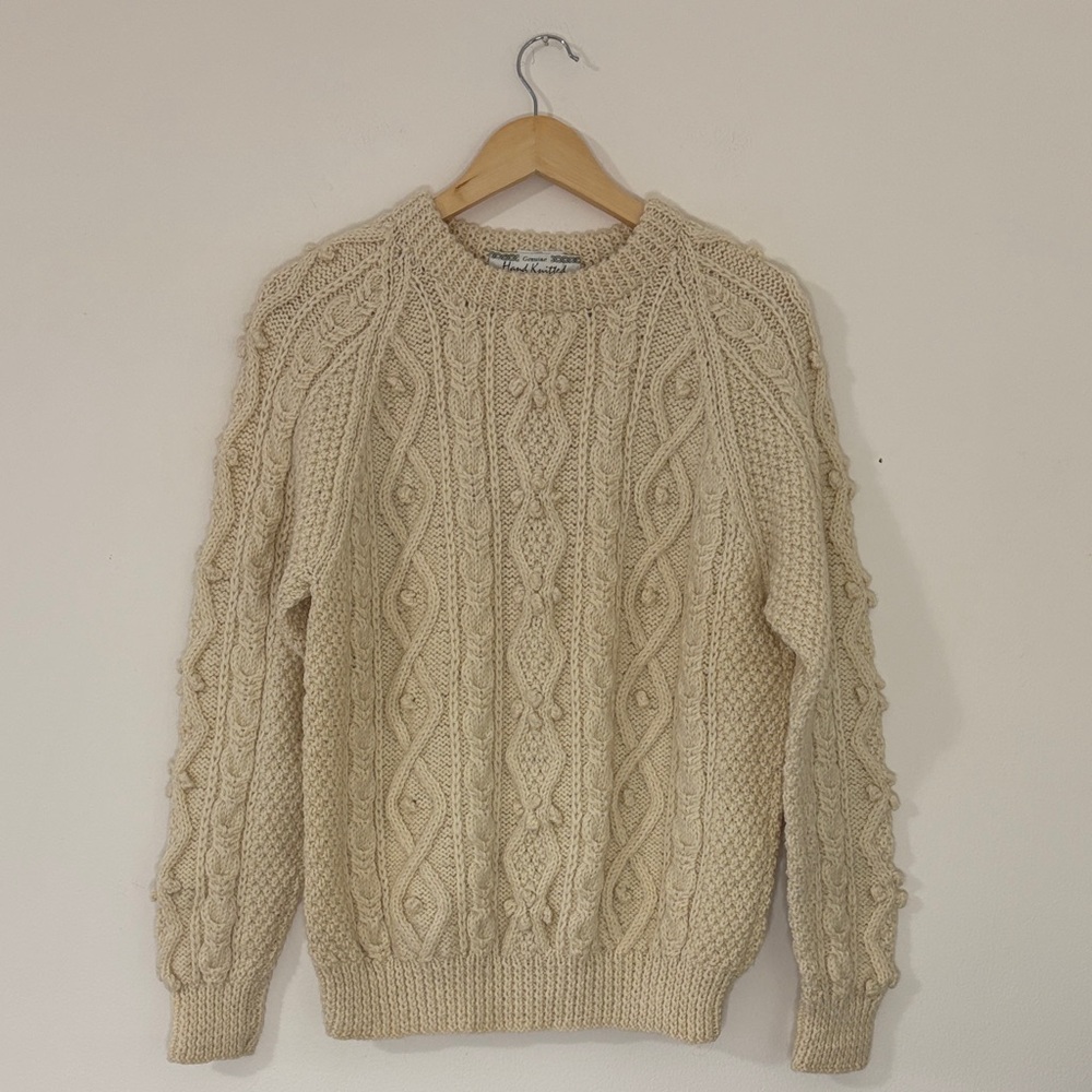 Vintage Hand Knit Scottish Wool Cable Sweater Aran Knit Cream Fisherman Sz 38